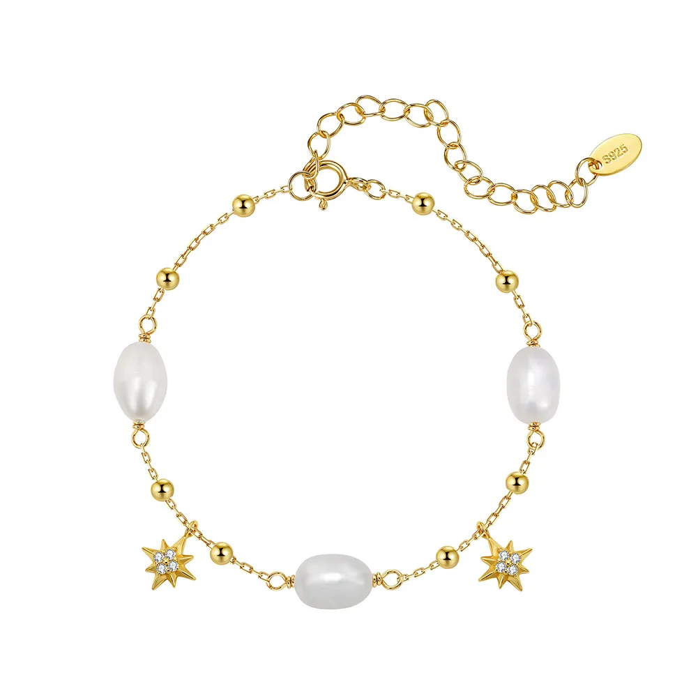 Wholesale 925 Sterling Silver Freshwater Pearl Starburst Charm Bracelet 100500081