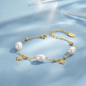 Wholesale 925 Sterling Silver Freshwater Pearl Starburst Charm Bracelet 100500081