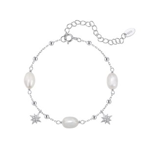 Wholesale 925 Sterling Silver Freshwater Pearl Starburst Charm Bracelet 100500081