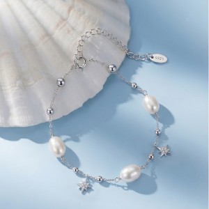 Wholesale 925 Sterling Silver Freshwater Pearl Starburst Charm Bracelet 100500081