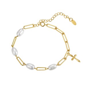 Wholesale 925 Sterling Silver Freshwater Pearl Cross Charm Paperclip Chain Bracelet 100500082