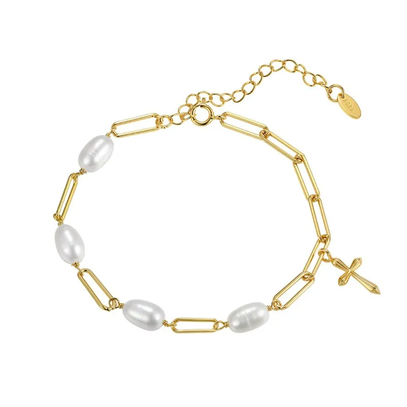 Wholesale 925 Sterling Silver Freshwater Pearl Cross Charm Paperclip Chain Bracelet 100500082 Wholesale 925 Sterling Silver Freshwater Pearl Cross Charm Paperclip Chain Bracelet 100500082