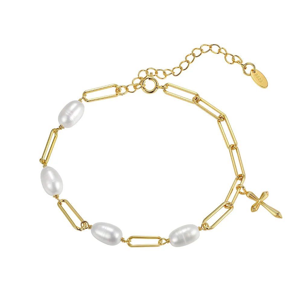 Wholesale 925 Sterling Silver Freshwater Pearl Cross Charm Paperclip Chain Bracelet 100500082