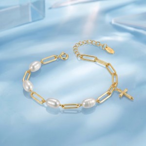 Wholesale 925 Sterling Silver Freshwater Pearl Cross Charm Paperclip Chain Bracelet 100500082