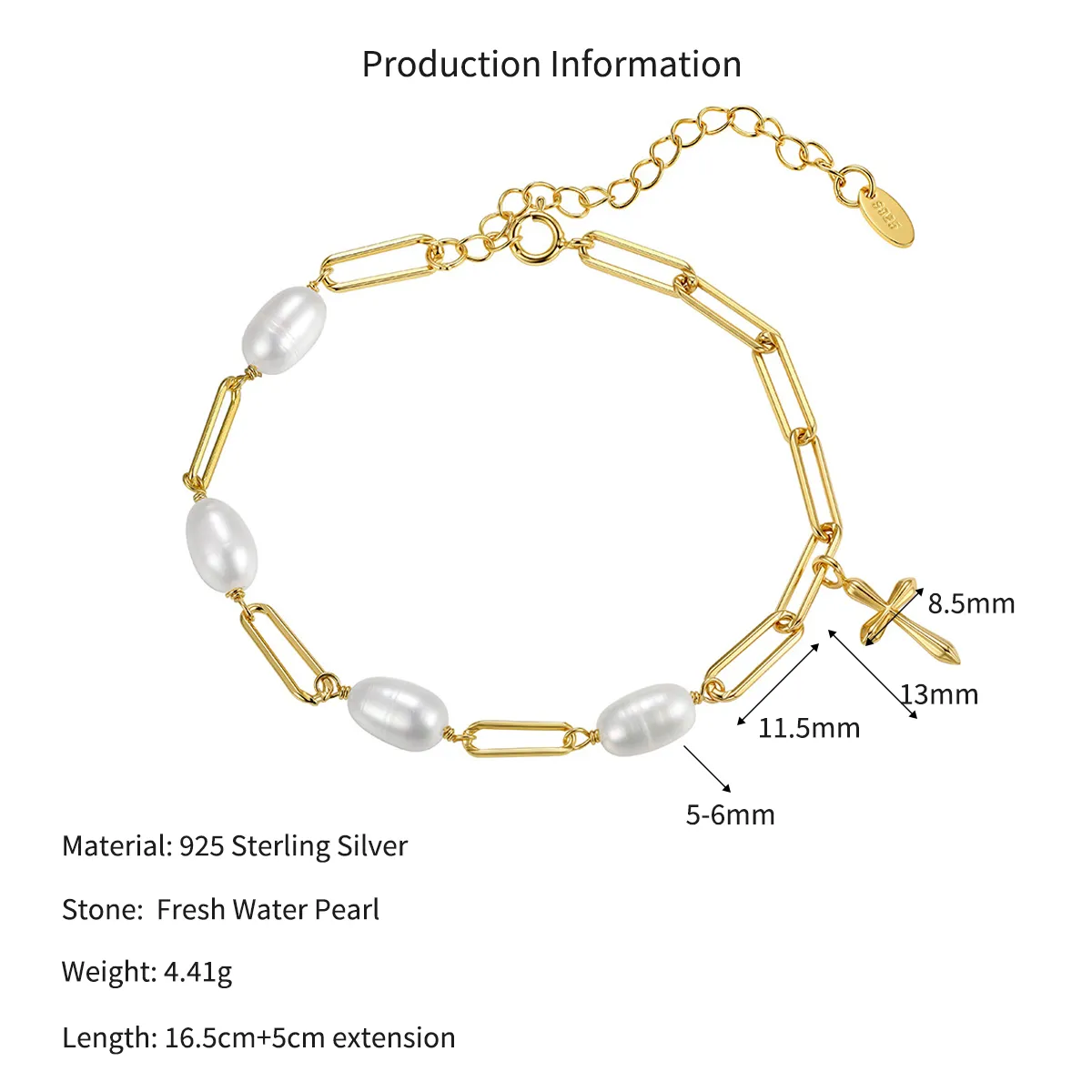 Wholesale 925 Sterling Silver Freshwater Pearl Cross Charm Paperclip Chain Bracelet 100500082 - image2