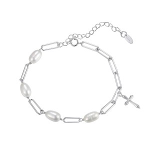 Wholesale 925 Sterling Silver Freshwater Pearl Cross Charm Paperclip Chain Bracelet 100500082