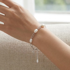 Wholesale 925 Sterling Silver Freshwater Pearl Cross Charm Paperclip Chain Bracelet 100500082