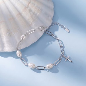 Wholesale 925 Sterling Silver Freshwater Pearl Cross Charm Paperclip Chain Bracelet 100500082