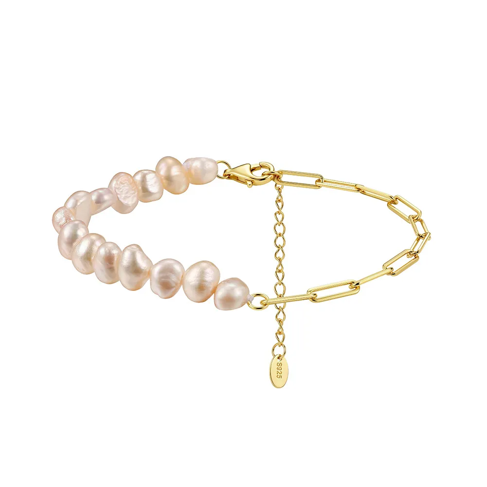 Wholesale 925 Sterling Silver Baroque Pearl Paperclip Chain Bracelet 100500084