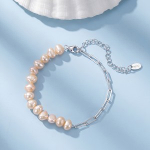Wholesale 925 Sterling Silver Baroque Pearl Paperclip Chain Bracelet 100500084