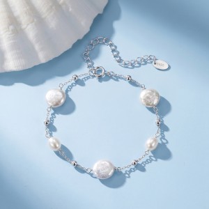 Wholesale 925 Sterling Silver Baroque Freshwater Pearl Station Bracelet 100500085