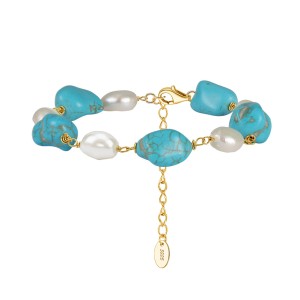 Wholesale 925 Sterling Silver Freshwater Pearl Turquoise Statement Bracelet 100500086