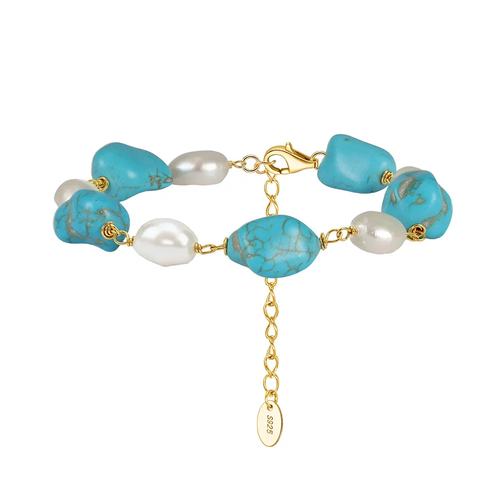 Wholesale 925 Sterling Silver Freshwater Pearl Turquoise Statement Bracelet 100500086