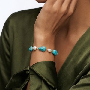 Wholesale 925 Sterling Silver Freshwater Pearl Turquoise Statement Bracelet 100500086