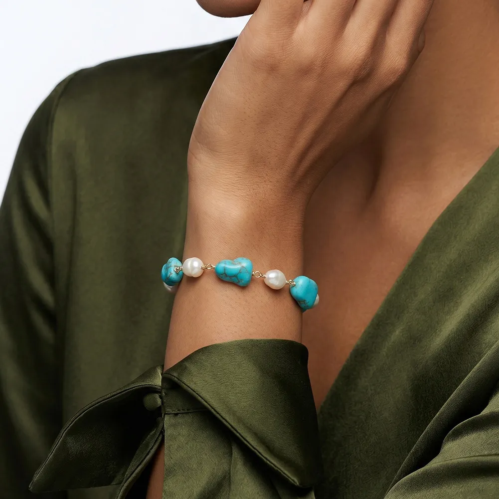 Wholesale 925 Sterling Silver Freshwater Pearl Turquoise Statement Bracelet 100500086 - image1