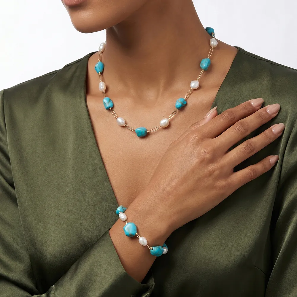 Wholesale 925 Sterling Silver Freshwater Pearl Turquoise Statement Bracelet 100500086 - image3
