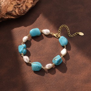 Wholesale 925 Sterling Silver Freshwater Pearl Turquoise Statement Bracelet 100500086
