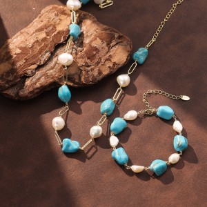 Wholesale 925 Sterling Silver Freshwater Pearl Turquoise Statement Bracelet 100500086