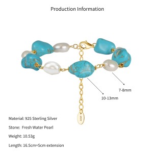 Wholesale 925 Sterling Silver Freshwater Pearl Turquoise Statement Bracelet 100500086