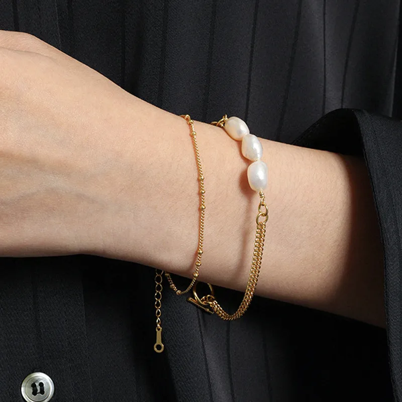 Wholesale 925 Sterling Silver Freshwater Pearl Double Chain Toggle Bracelet 100500087 - image1