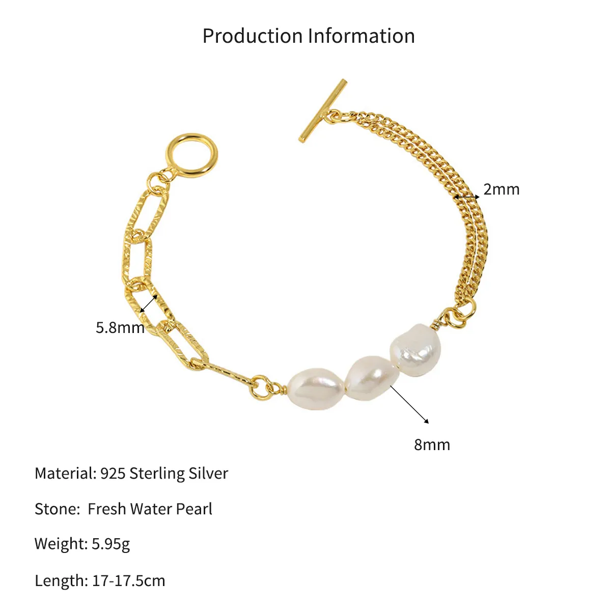 Wholesale 925 Sterling Silver Freshwater Pearl Double Chain Toggle Bracelet 100500087 - image2