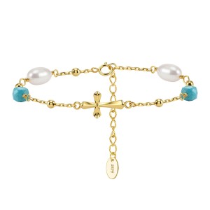 Wholesale 925 Sterling Silver Cross Freshwater Pearl Turquoise Bracelet 100500089 Wholesale 925 Sterling Silver Cross Freshwater Pearl Turquoise Bracelet 100500089