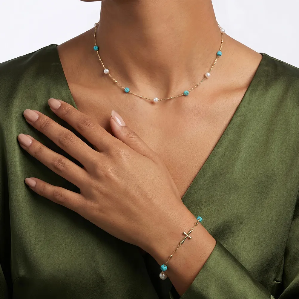 Wholesale 925 Sterling Silver Cross Freshwater Pearl Turquoise Bracelet 100500089 - image1