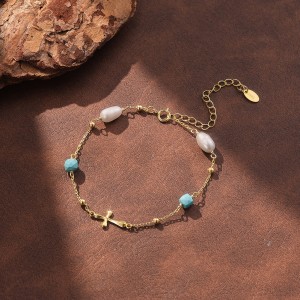 Wholesale 925 Sterling Silver Cross Freshwater Pearl Turquoise Bracelet 100500089 Wholesale 925 Sterling Silver Cross Freshwater Pearl Turquoise Bracelet 100500089