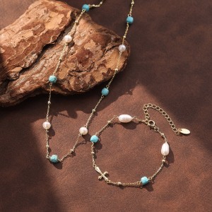Wholesale 925 Sterling Silver Cross Freshwater Pearl Turquoise Bracelet 100500089 Wholesale 925 Sterling Silver Cross Freshwater Pearl Turquoise Bracelet 100500089