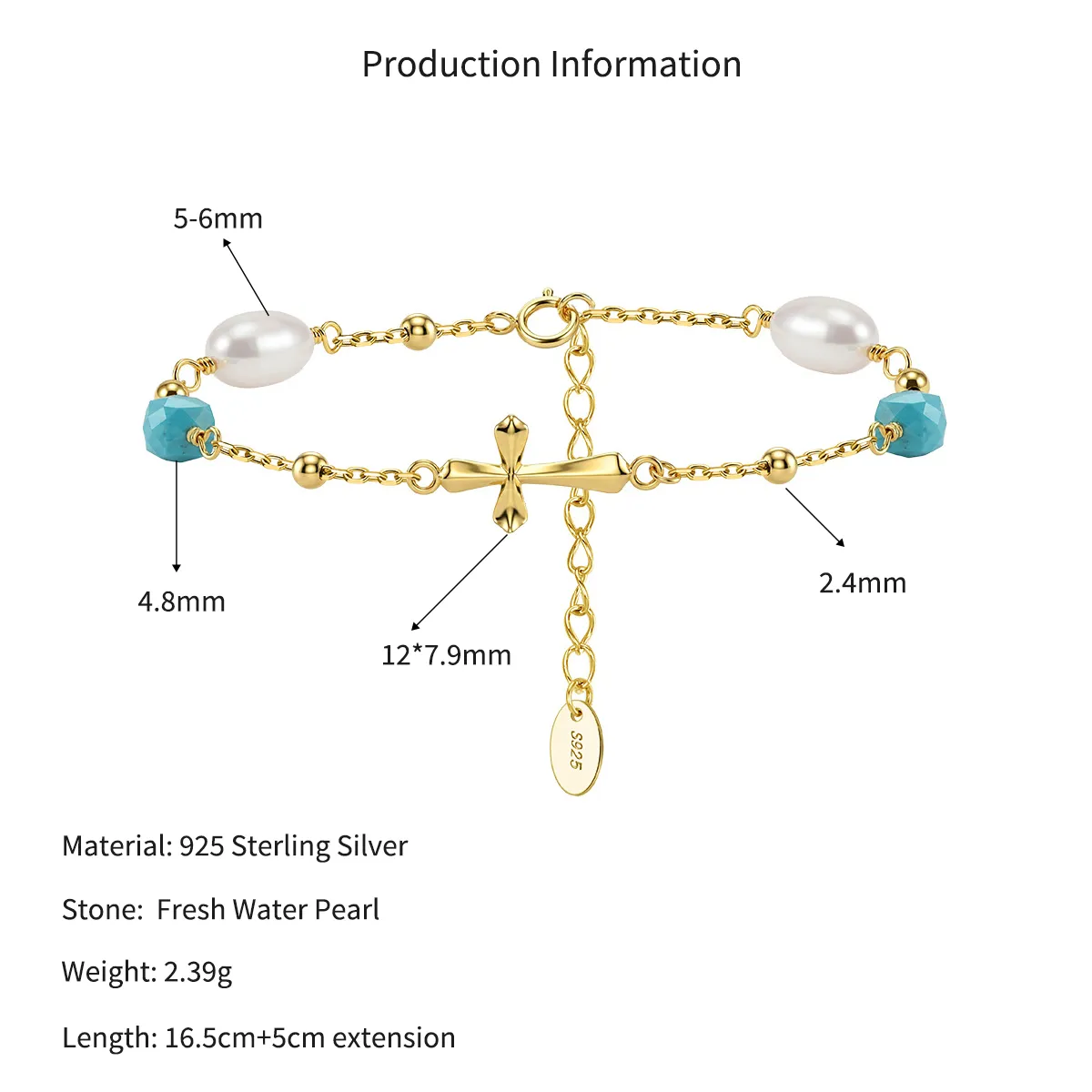 Wholesale 925 Sterling Silver Cross Freshwater Pearl Turquoise Bracelet 100500089 - image2