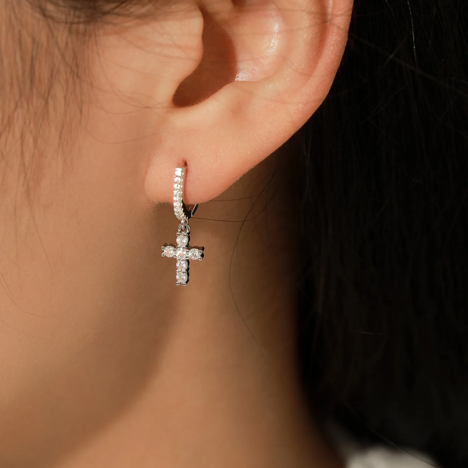 S925 Sparkle Cross Moissanite Hoop Earring 110100015 - image1