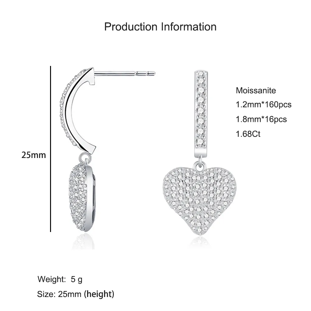 925 Sterling Silver Paved Heart Moissanite Earring 110100041 - image2