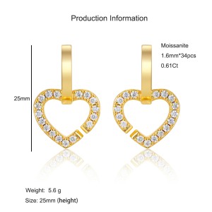 925 Sterling Silver 18K Gold Plated Moissanite Heart Earring 110100042