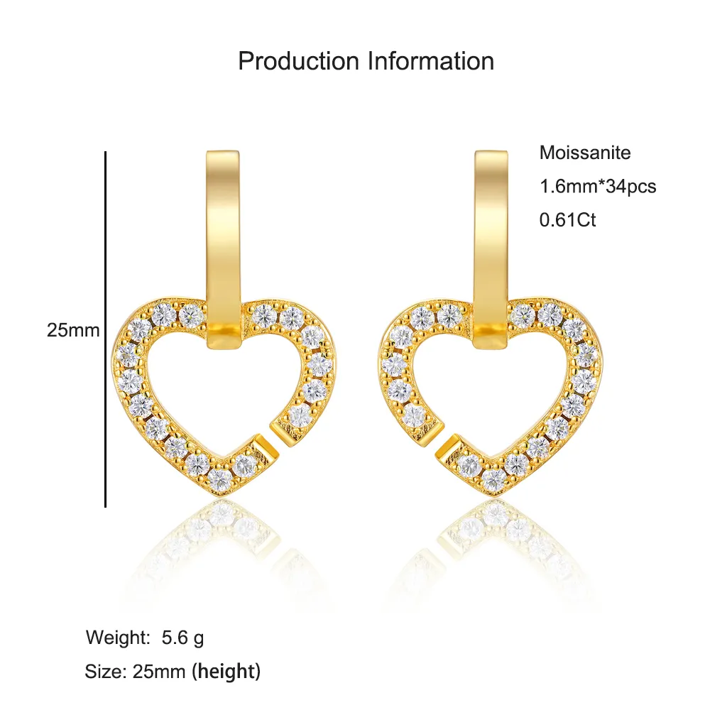 925 Sterling Silver 18K Gold Plated Moissanite Heart Earring 110100042 - image2