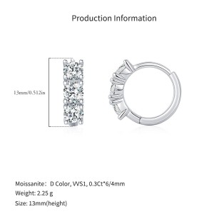 925 Sterling Silver 3-Stone Moissanite Huggie Earrings 110100044 925 Sterling Silver 3-Stone Moissanite Huggie Earrings 110100044