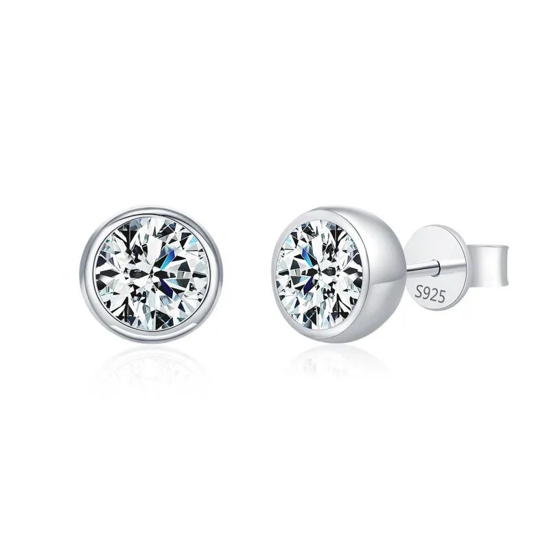 925 Sterling Silver Round Bezel Moissanite Stud Earrings 110100045