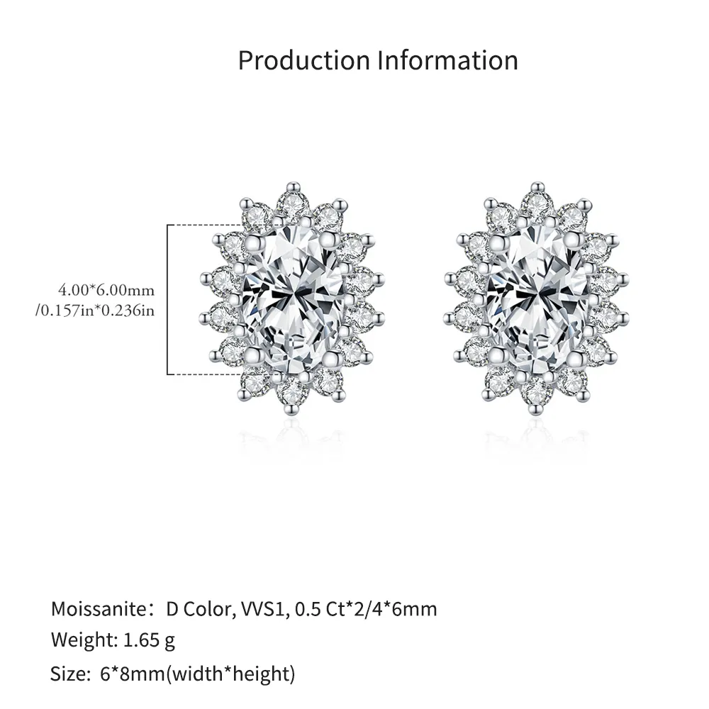 925 Sterling Silver Oval Halo Moissanite Stud Earring 110100046 - image2