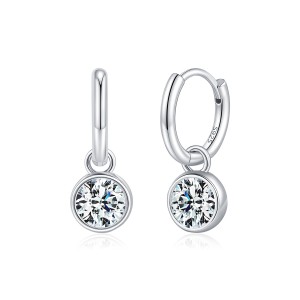 925 Sterling Silver Round Moissanite Bezel Drop Hoop Earrings 110100047
