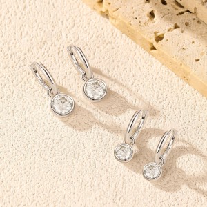 925 Sterling Silver Round Moissanite Bezel Drop Hoop Earrings 110100047