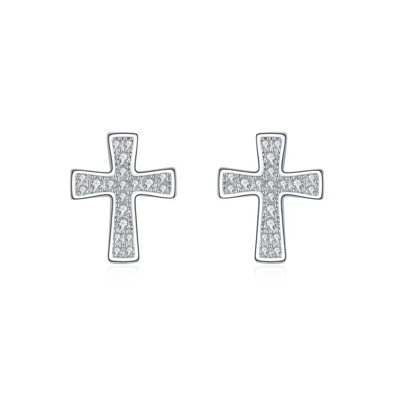 925 Sterling Silver Pave Set Moissanite Cross Stud Earrings 110100050 925 Sterling Silver Pave Set Moissanite Cross Stud Earrings 110100050