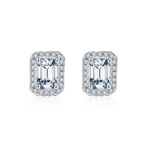 925 Sterling Silver Vintage Emerald Cut Halo Moissanite Earrings 110100051 925 Sterling Silver Vintage Emerald Cut Halo Moissanite Earrings 110100051