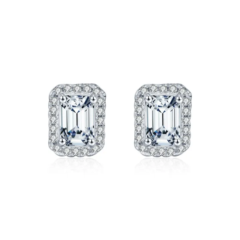 925 Sterling Silver Vintage Emerald Cut Halo Moissanite Earrings 110100051