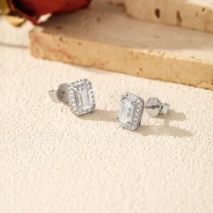 925 Sterling Silver Vintage Emerald Cut Halo Moissanite Earrings 110100051 925 Sterling Silver Vintage Emerald Cut Halo Moissanite Earrings 110100051