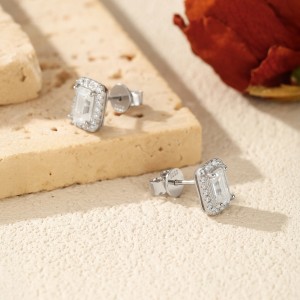 925 Sterling Silver Vintage Emerald Cut Halo Moissanite Earrings 110100051 925 Sterling Silver Vintage Emerald Cut Halo Moissanite Earrings 110100051