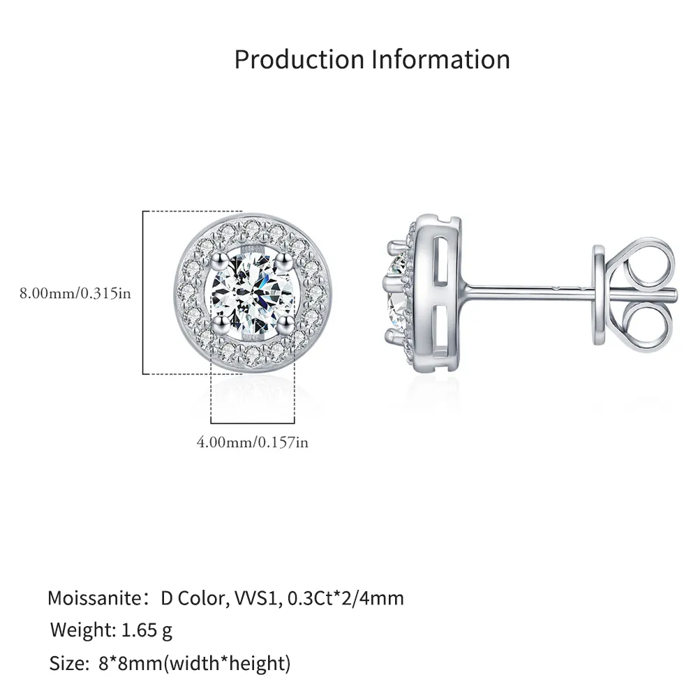 925 Sterling Silver Round Cut Halo Pave Moissanite Earrings 110100052 - image2