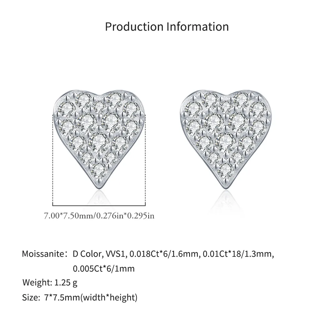 925 Sterling Silver Full Pave Moissanite Heart Stud Earrings 110100053 - image2