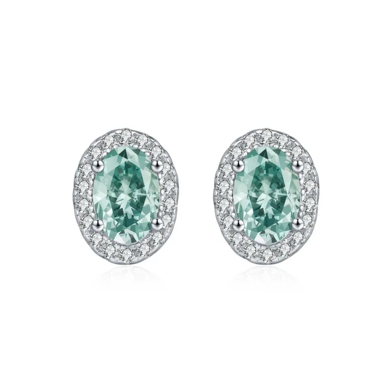 925 Sterling Silver Cyan Green Oval Moissanite Halo Stud Earrings 110100054 925 Sterling Silver Cyan Green Oval Moissanite Halo Stud Earrings 110100054