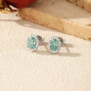 925 Sterling Silver Cyan Green Oval Moissanite Halo Stud Earrings 110100054 925 Sterling Silver Cyan Green Oval Moissanite Halo Stud Earrings 110100054