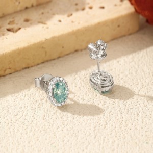 925 Sterling Silver Cyan Green Oval Moissanite Halo Stud Earrings 110100054 925 Sterling Silver Cyan Green Oval Moissanite Halo Stud Earrings 110100054