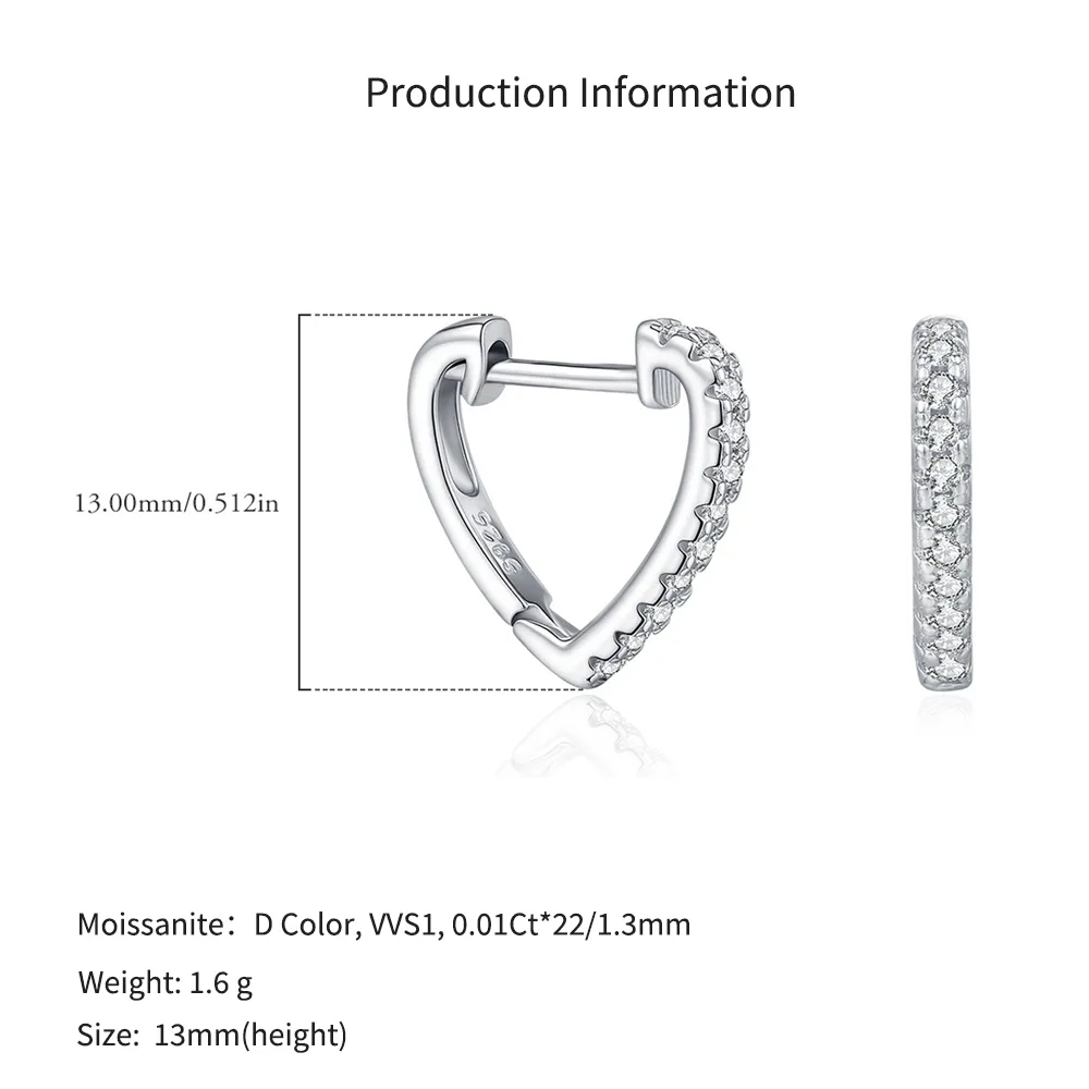 925 Sterling Silver Pave Moissanite Heart Shape Huggie Hoops 110100057 - image2